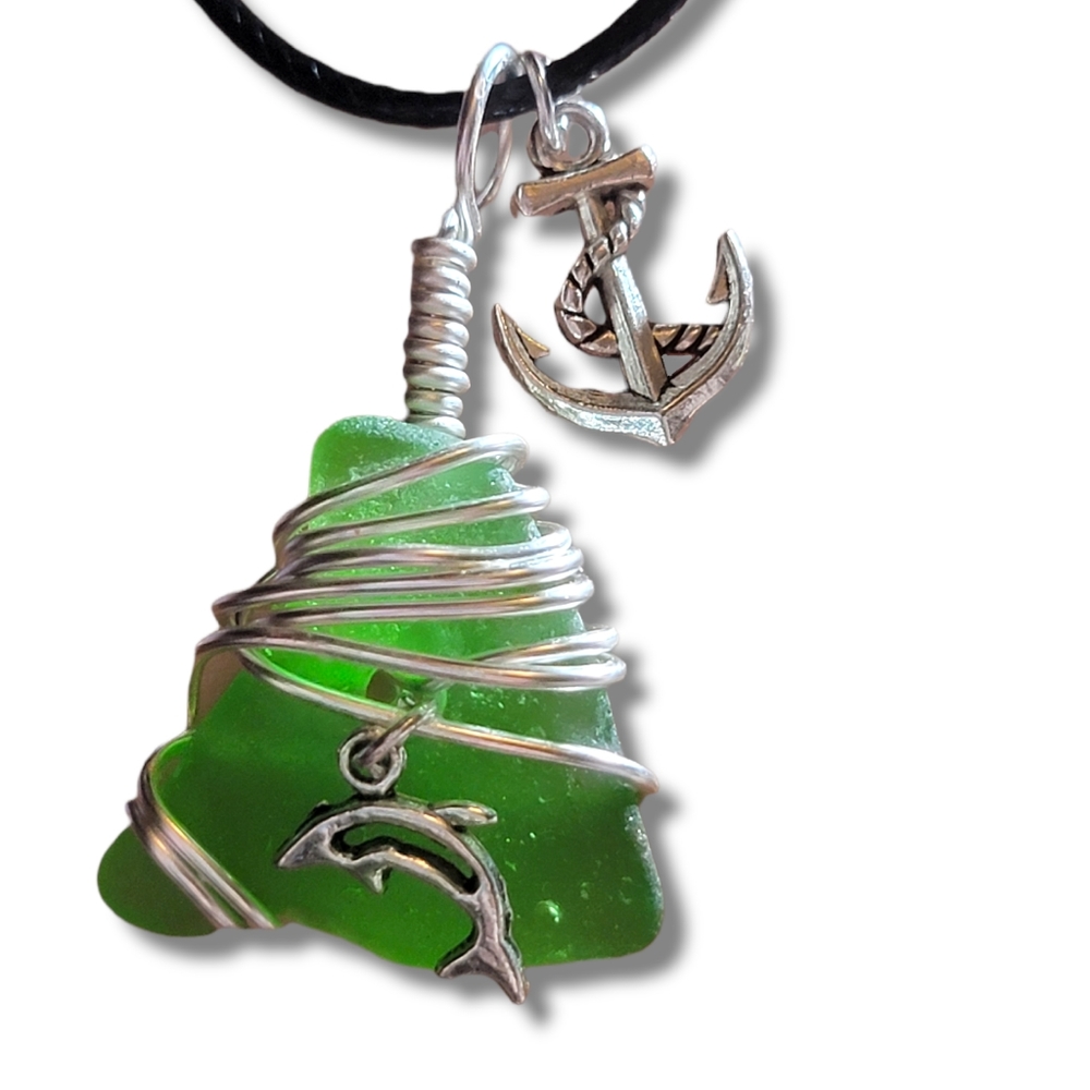 Green Wire Wrapped Maine Sea Glass Necklace With Dolphin & Anchor Charms